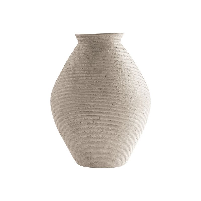 Dale 17 Inch Round Polyresin Vase, Tightly Ribbed Texture, Antique Beige - Benzara
