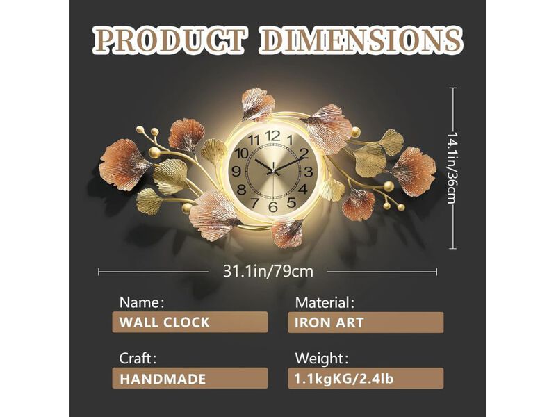 Large 3D Ginkgo Leaf Wall Clock - Silent Quartz Battery Operated Metal Decor for Living Room & Office image number 2