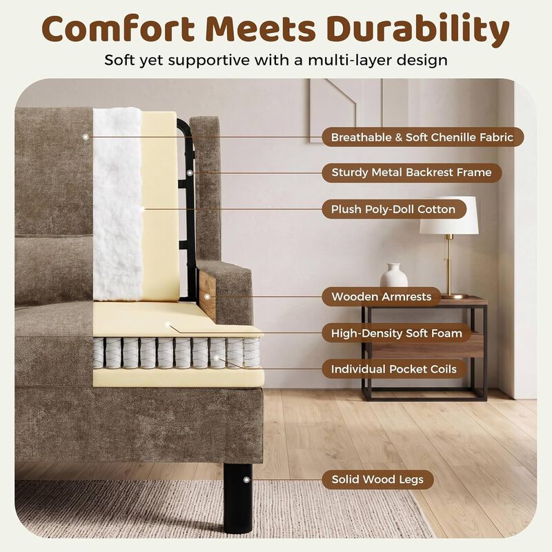 Upholstered Wingback Accent Chair, Modern Reading Armchair for Living Room, Bedroom, Light Brown image number 4