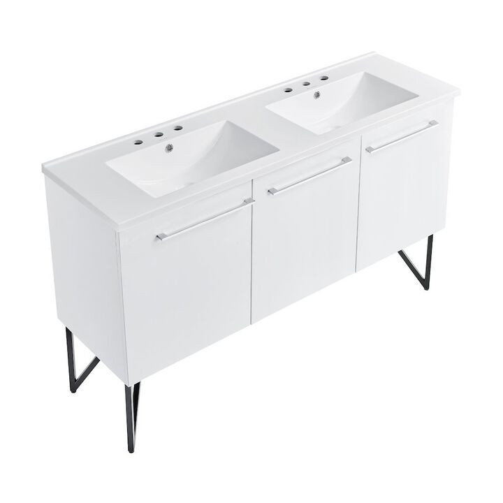 60 in. White, Double Basin Bathroom Vanity, Black, 3-Hole Sink Top