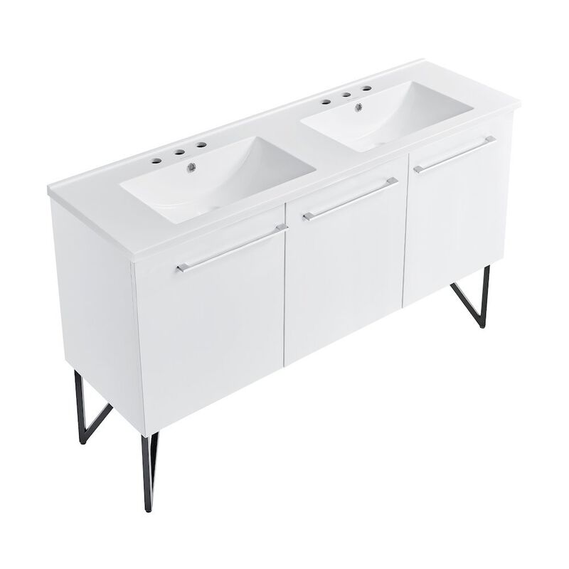 60 in. White, Double Basin Bathroom Vanity, Black, 3-Hole Sink Top image number 1