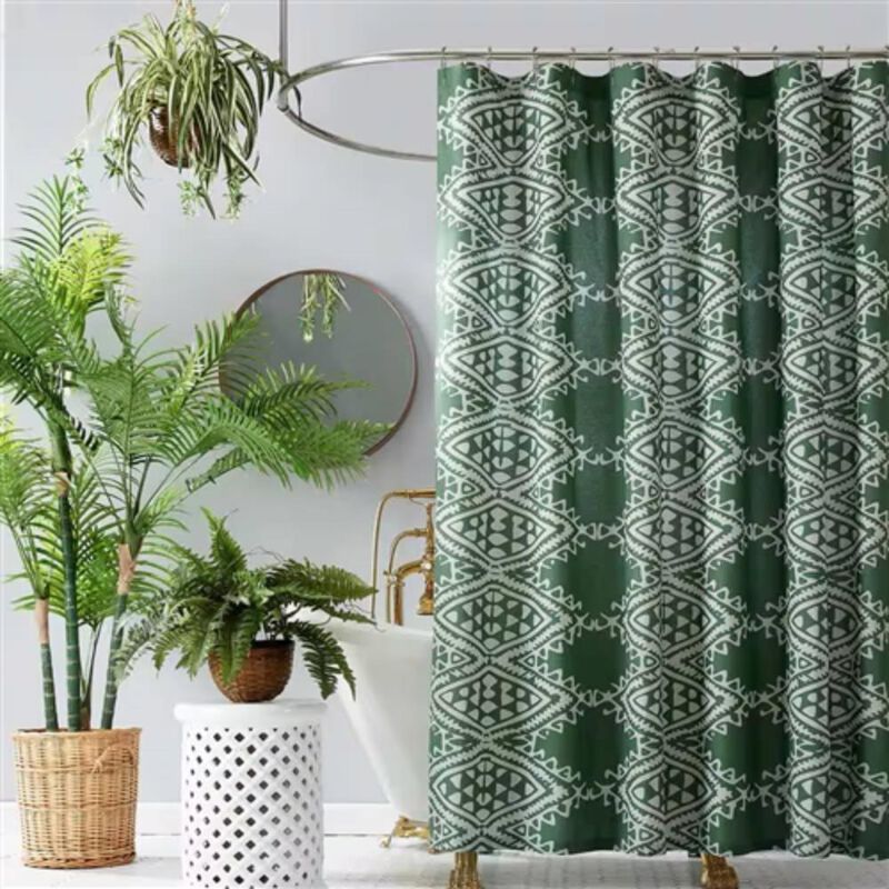 Hivvago 72 x 72 inch Cotton Poly Shower Curtain with Green White Geometric Motif Pattern