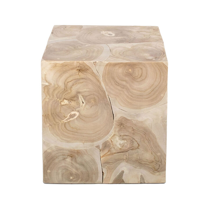 Sira Mosaic Side End Table, Hand Oiled Natural Brown Finish, 20 Inch Solid Teak Wood Slice Cube