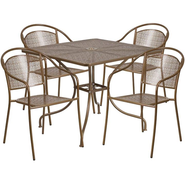 Flash Furniture Oia Commercial Grade 35.5" Square Gold Indoor-Outdoor Steel Patio Table Set with 4 Round Back Chairs