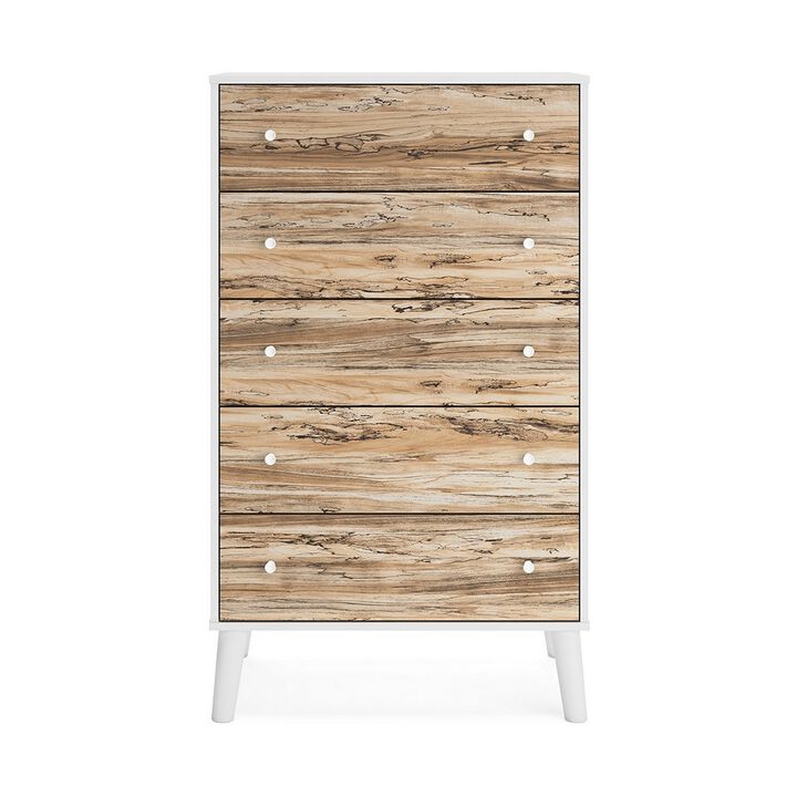 Asher 51 Inch Contemporary 5 Drawer Tall Dresser Chest, White and Brown-Benzara