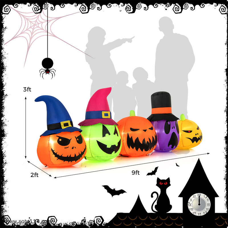 9 Feet Inflatable Pumpkin Patch Family with Built-in LED Lights and Witch Hats image number 3