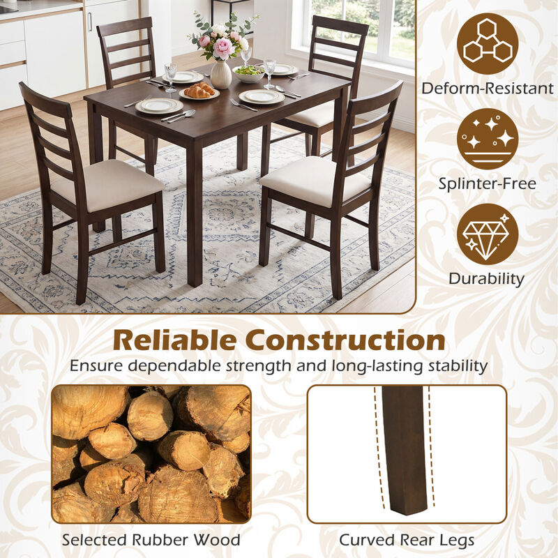Modern 5 Piece Dining Table Set with Cushioned Chairs for Kitchen and Dining Room-Brown image number 4