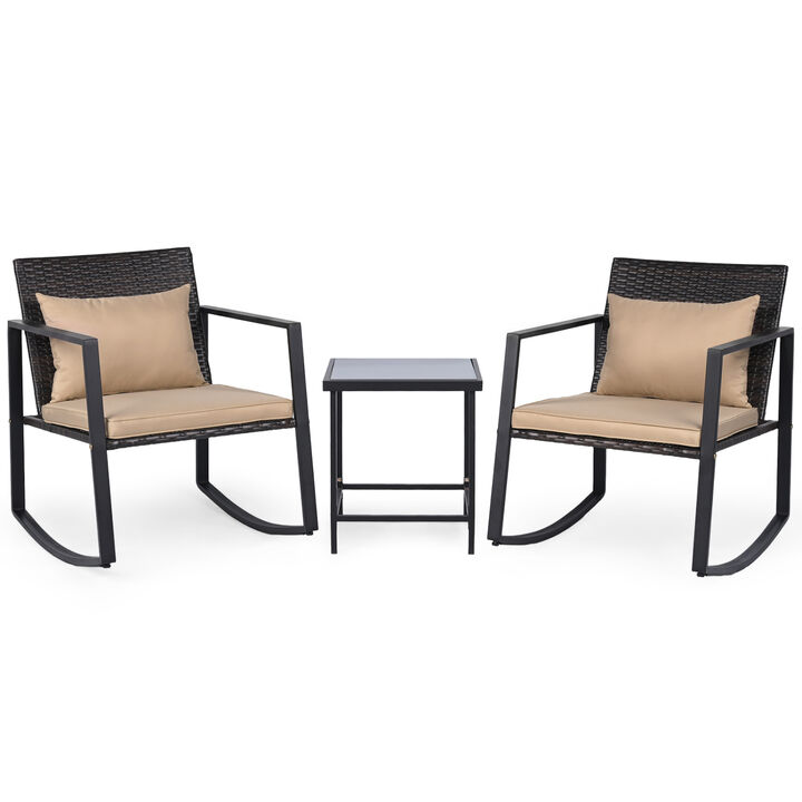 Patio Rocking Bistro Set 3-Piece with Cushions and Tempered Glass