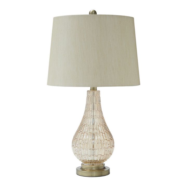 Bellied Glass Table Lamp with Fabric Drum Shade, Beige and Clear-Benzara