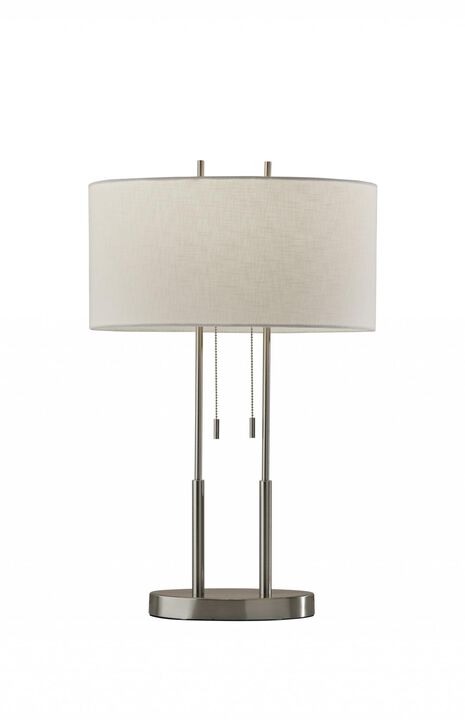 HomeRoots 27" Silver Metal Two Light Bedside Lamp With Off White Drum Shade