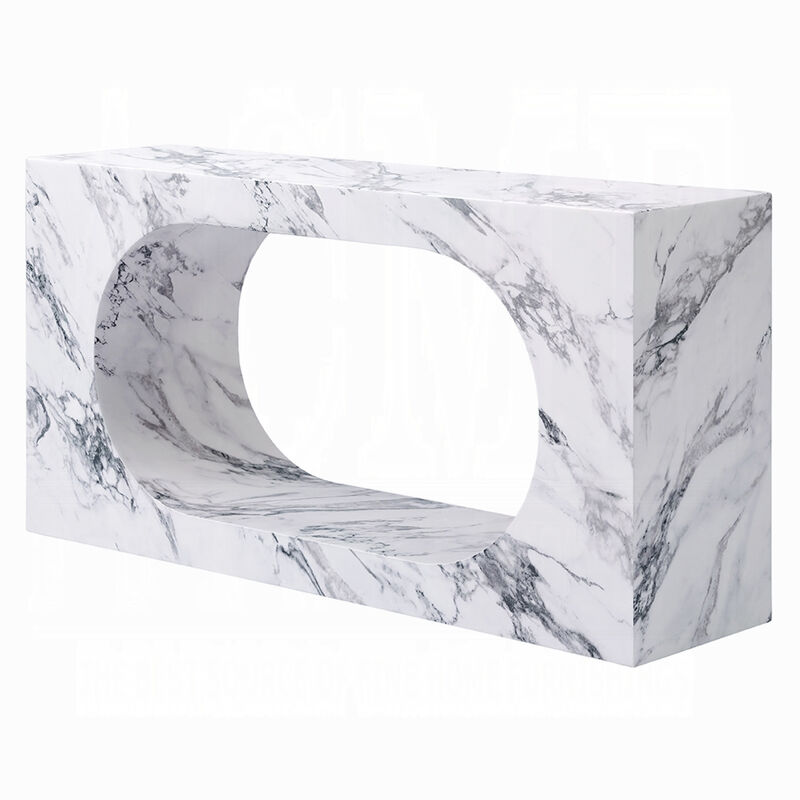 Ritzy Console Table, White Marble Faux Stone, Modern Design, 59 Inch