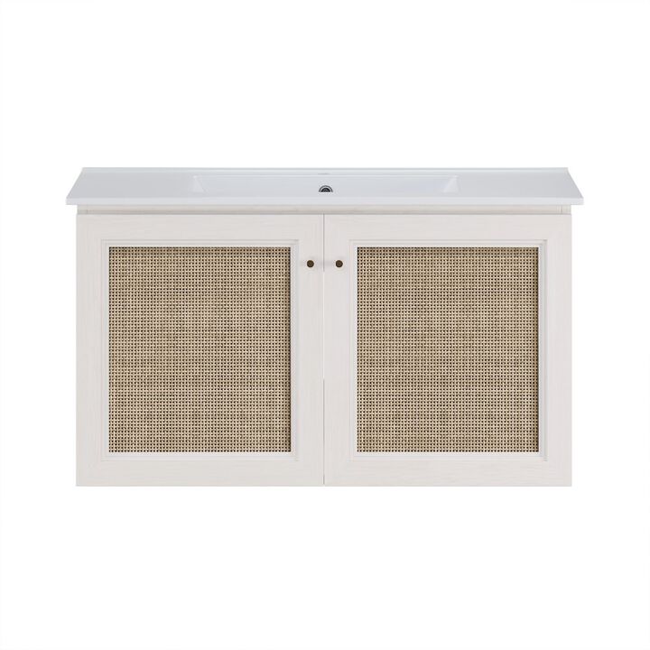 36" Wall-Mounted Bathroom Vanity in White Oak with Single Faucet Hole Vanity Top