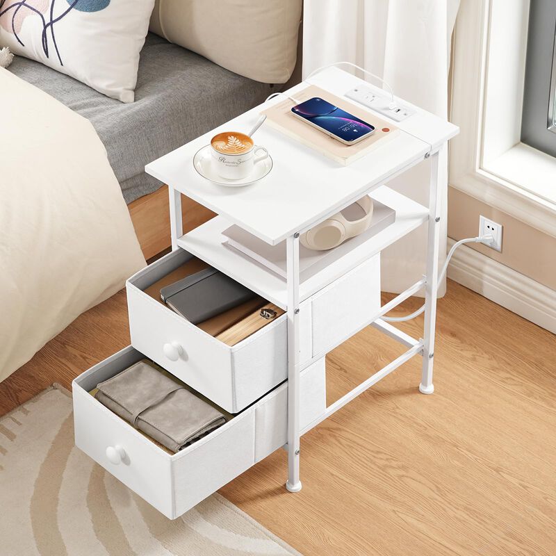 HOOBRO End Table with Charging Station, Narrow Side Table, Nightstand with 2 Non-Woven Drawers, Slim Sofa Side Table, for Small