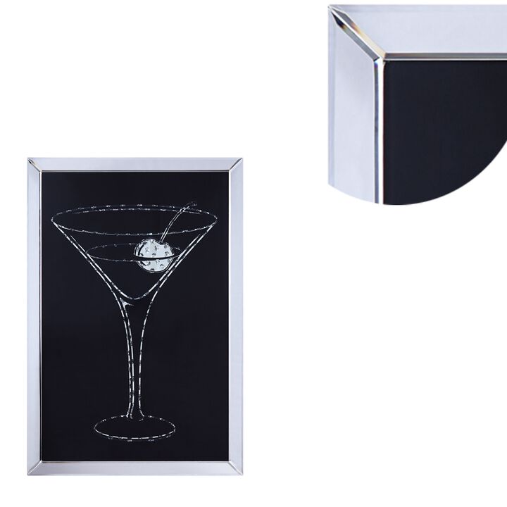 Wood and Mirror Martini Glass Wall Art, Clear and Black-Benzara