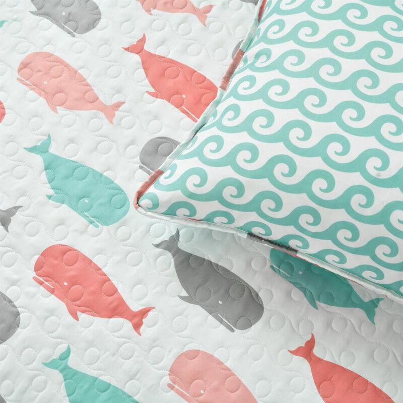 Hivvago Full/Queen 5 Piece Microfiber Quilt Set in Teal Pink Aqua Waves Whale Pattern