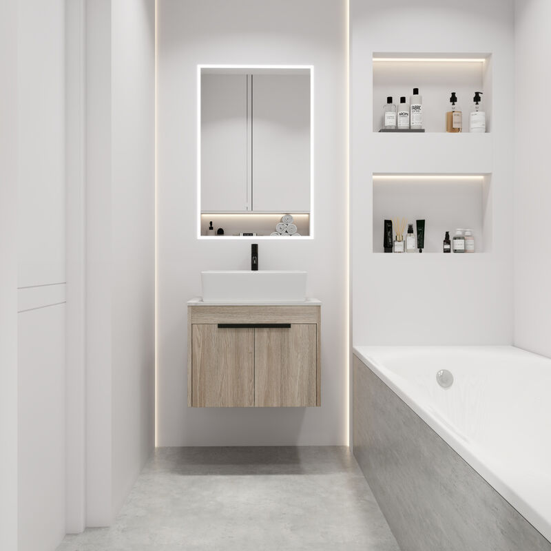 24 " Modern Design Float Bathroom Vanity With Ceramic Basin Set, Wall Mounted White Oak Vanity With Soft Close Door, KD-Packing, KD-Packing,2 Pieces Parcel(TOP-BAB110MOWH)