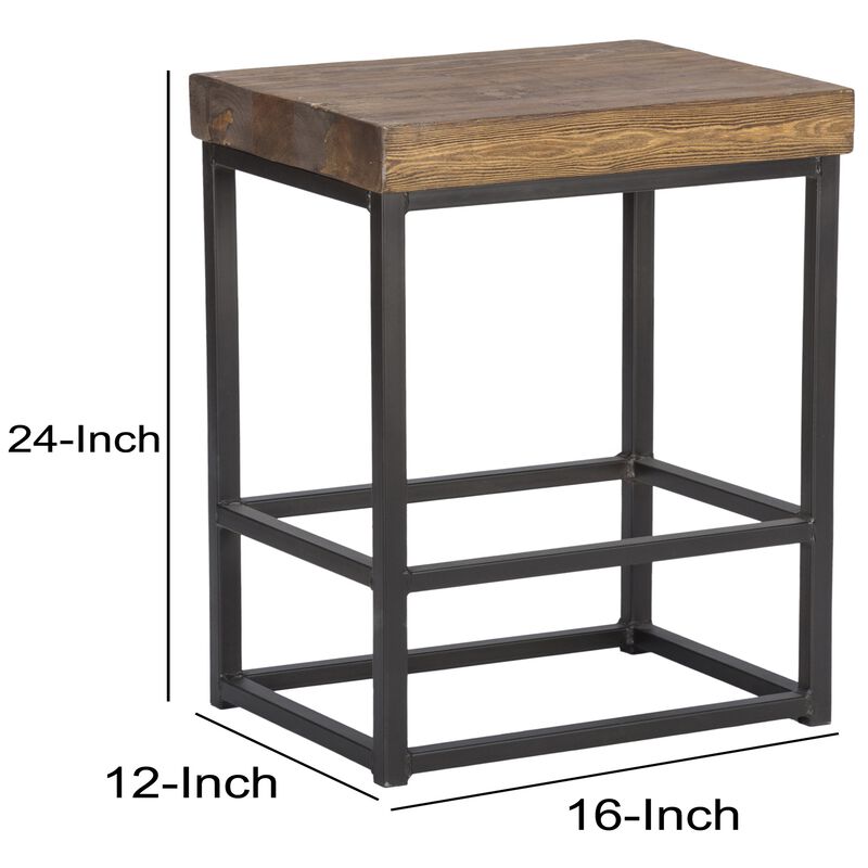 Iron Base Counter Height Stool with Pine Wood Seat, Brown and Black-Benzara