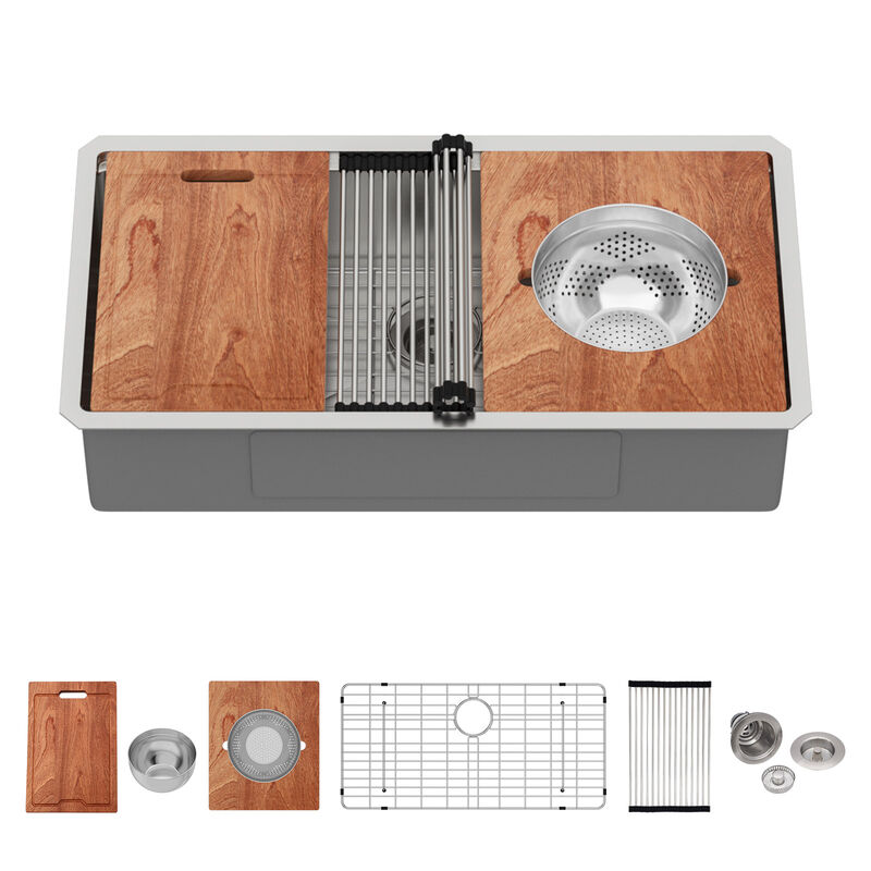 36 in. Undermount Single Bowl 16-Gauge Stainless Steel Workstation Kitchen Sink with Bottom Grid and Strainer image number 0