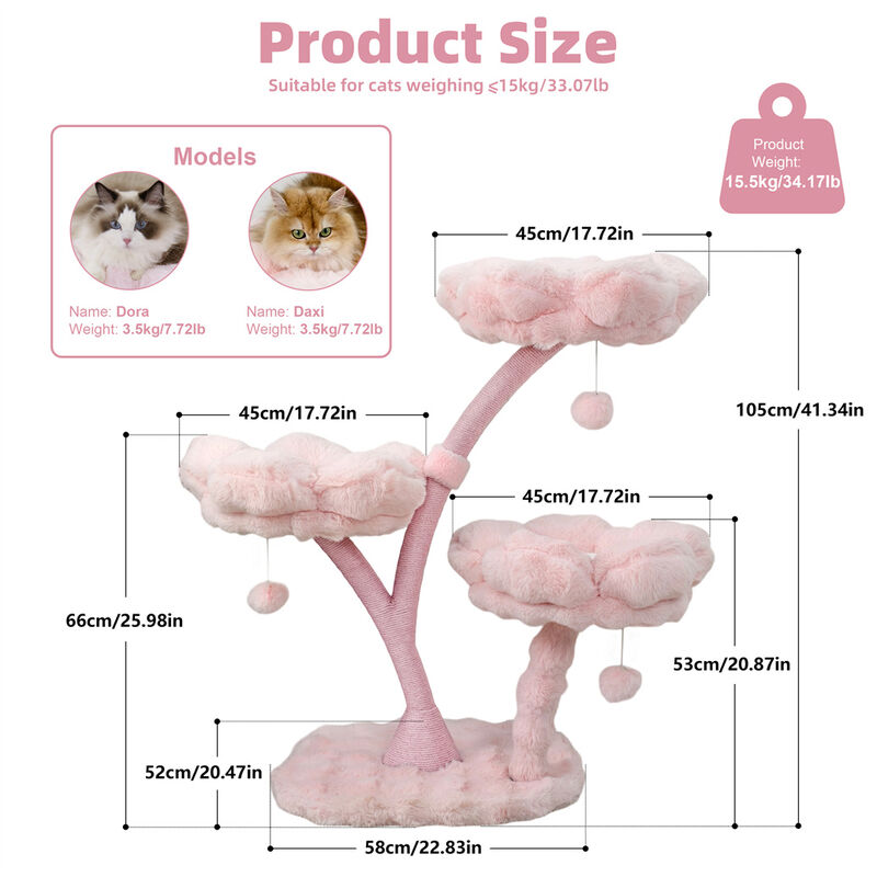 3-Tier Flower Cat Tree Pink Modern Cat Tower 41" Height Scratching Post Activity image number 3