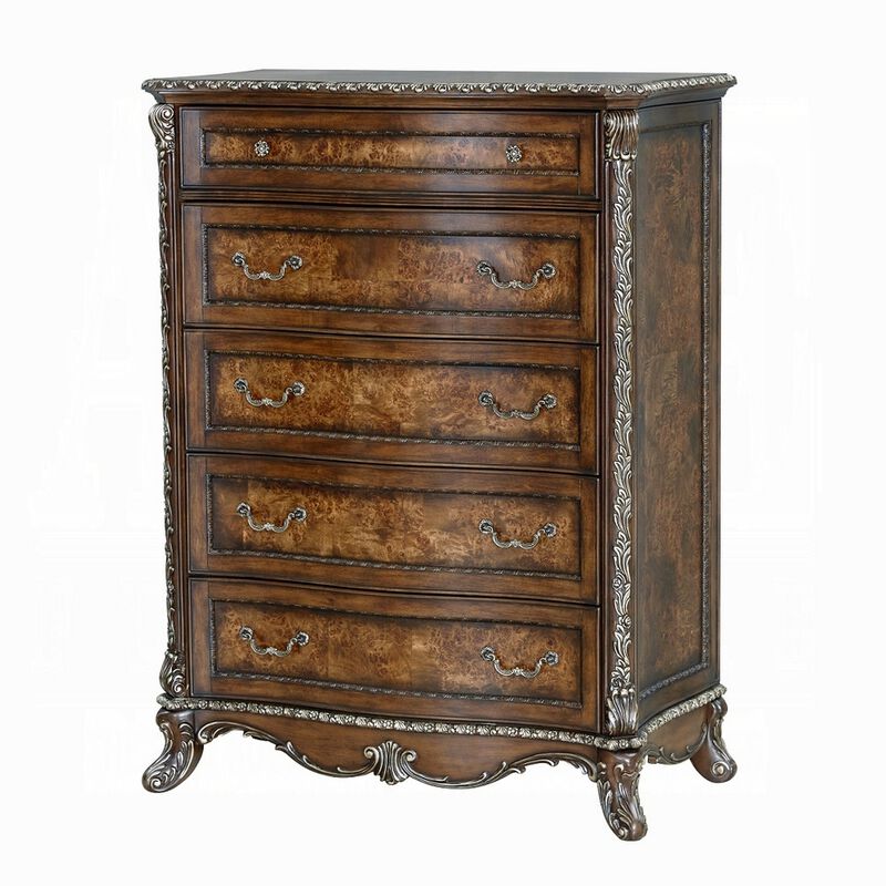 Vany Tall Dresser Chest, Traditional Floral Trim, Cherry Brown  - Benzara