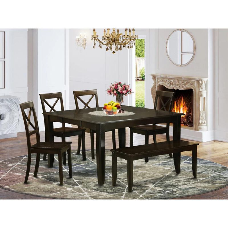 6 Pc Dining room set with bench-Dining Tablewith Leaf and 4 Kitchen chair Plus Bench.