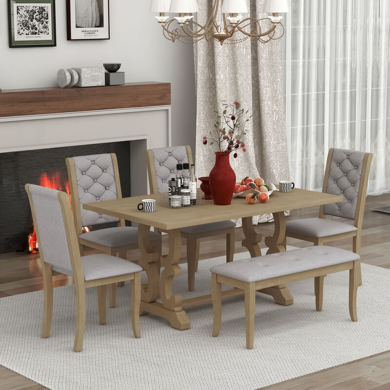 6-Piece Retro Dining Set with Unique-designed Table Legs and Foam-covered Seat Backs&Cushions for Dining Room (Grey Wash)