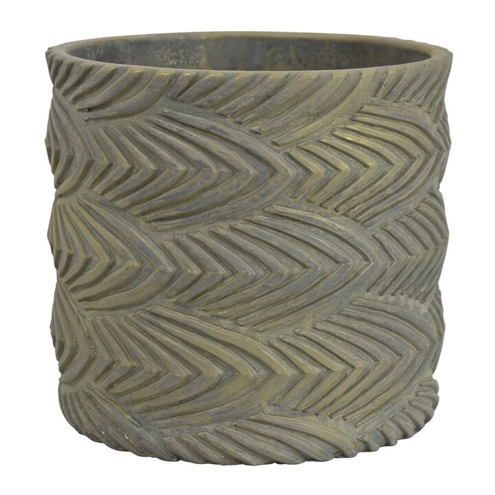 Cylindrical Planter, Raised Feather Motifs, Gray and Gold Terracotta 7 Inch