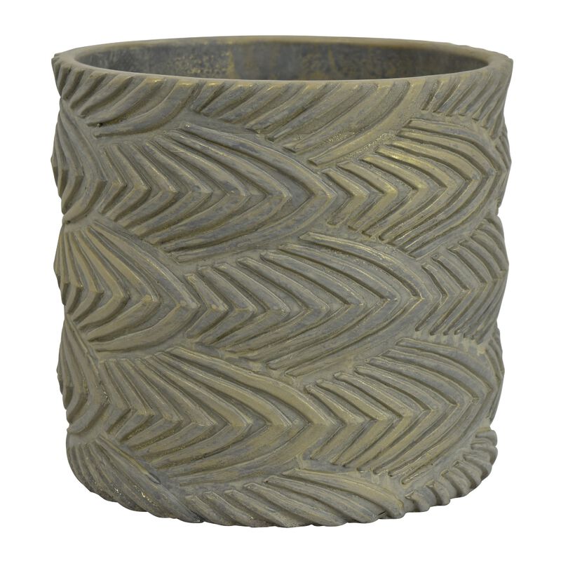 Cylindrical Planter, Raised Feather Motifs, Gray and Gold Terracotta 7 Inch image number 0