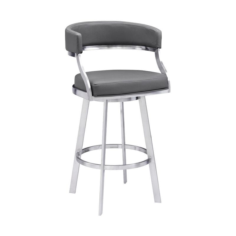 Hivvago 26 Inch Gray and Silver Faux Leather and Iron Low Back Counter Height Swivel Bar Chair