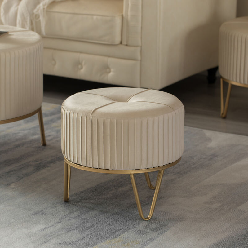 Round Velvet Ottoman Stool Raised with Hairpin Gold Base, Cream, Small