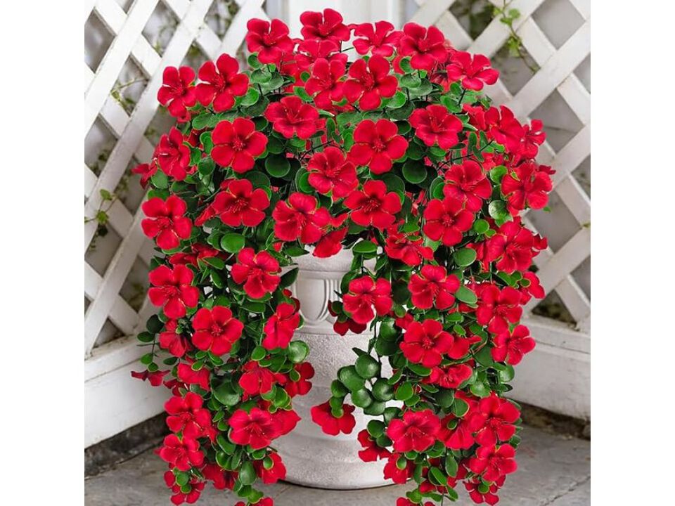 2 Bundle Red Artificial Hanging Geranium Flowers UV Resistant Outdoor Window Box