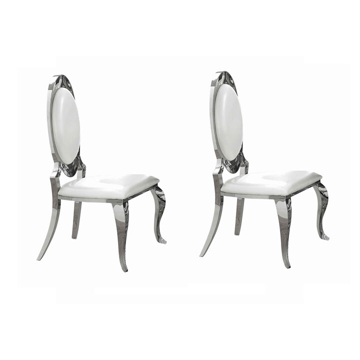 Metal Armless Dining Chair with Oval Padded Back, Set of 2,Silver and White - Benzara