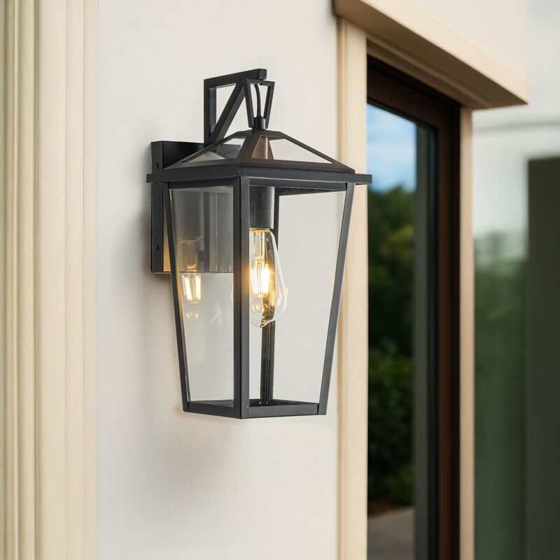 H15" 1 Light Modern Matte Black Outdoor Wall Lantern with Clear Tempered Glass Open Bottom Design Exterior Light Fixture for Entryway, Garage, Patio (Bulb Not Included) image number 1