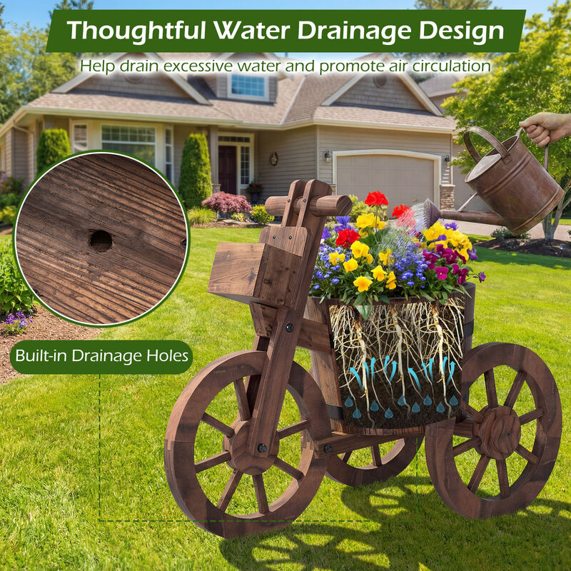 Wooden Tricycle Planter with Wheels and Built-In Storage Box-Coffee image number 6