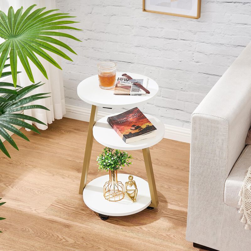 BEWISHOME Round End Table Side Table with Metal Frame, Accent Bedside Table Nightstand with 3-Tier Shelves, Small Table for Livi