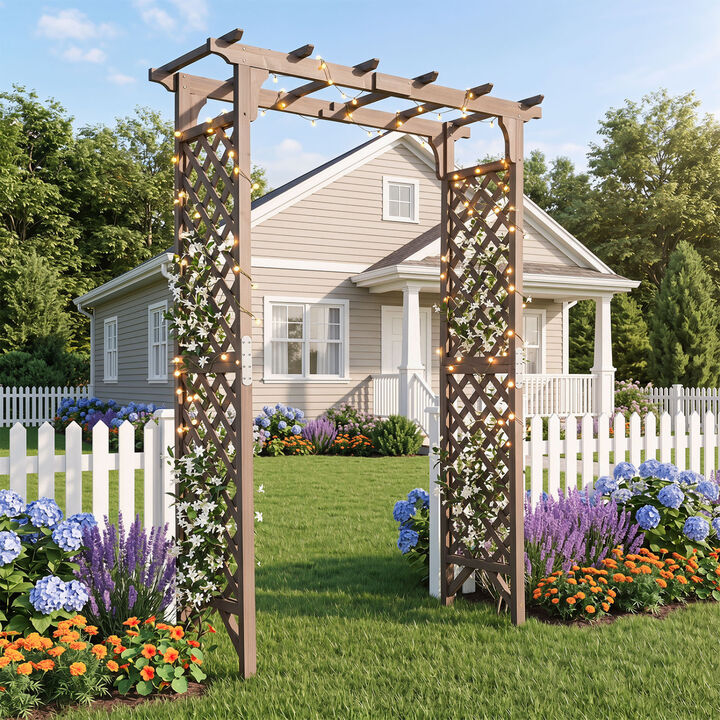 85 Inch Wooden Garden Arch with Gate for Climbing Plants and Weddings