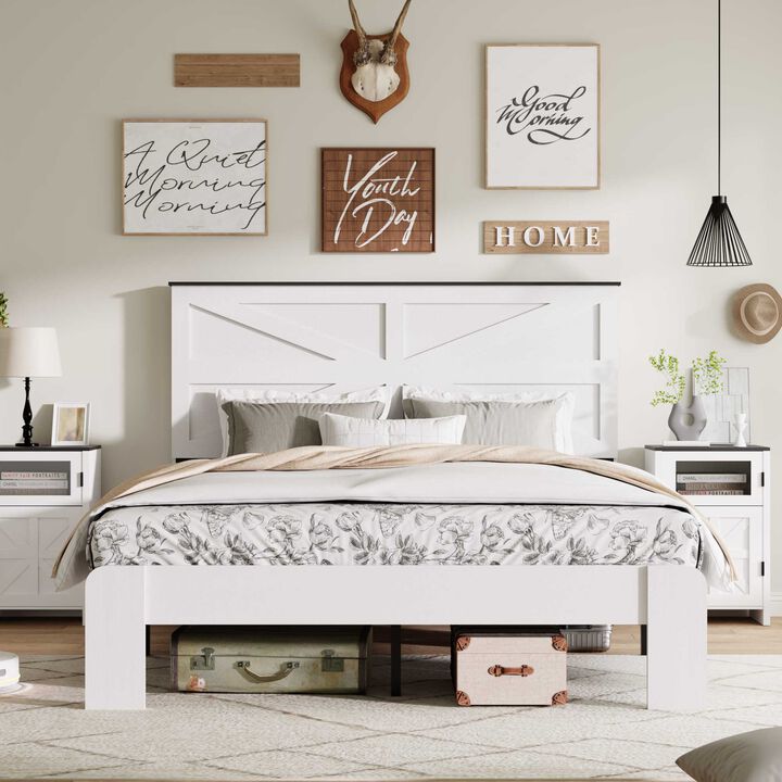 Wood and Metal Industrial Platform Bed with Geometric Paneled Headboard