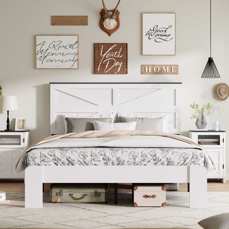 Wood and Metal Industrial Platform Bed with Geometric Paneled Headboard image number 1