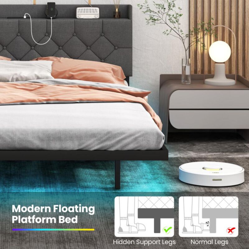 Hivvago Floating Bed Frame with LED and Headboard and Charging Station-Queen