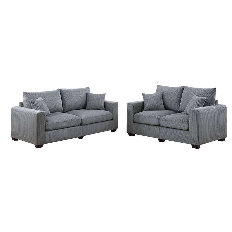 Jesica 2pc Loveseat n Sofa Set, 2 Accent Pillows, Gray Corduroy Fabric - Benzara