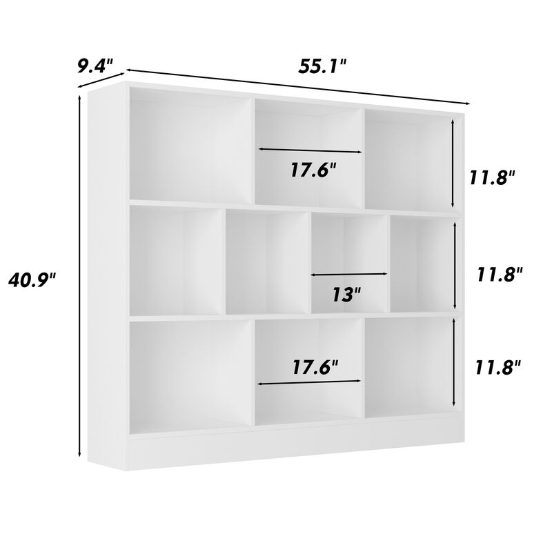 55.1 in. W x 40.9 in. H White Wooden 10-Shelf Freestanding Standard Bookcase Display Bookshelf With Cubes