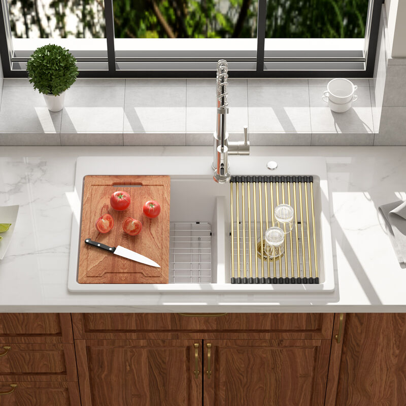 33x22x10 Inch White Granite Composite Workstation kitchen Sink Low Divide 60/40 Double Bowl Quartz Drop In Kitchen Sink