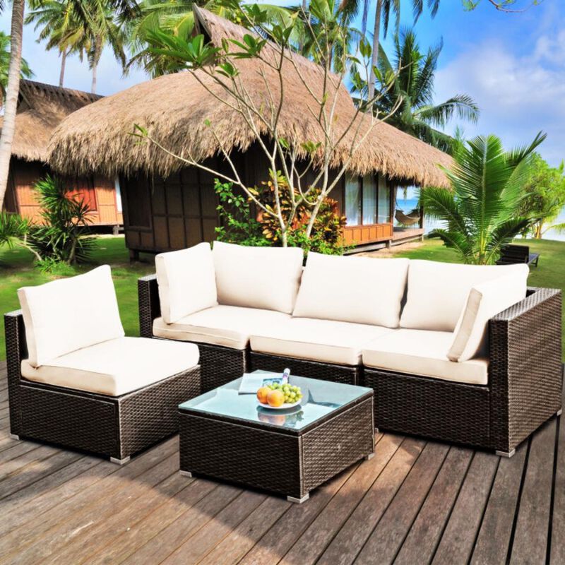 Hivvago 5 Pieces Cushioned Patio Rattan Furniture Set with Glass Table