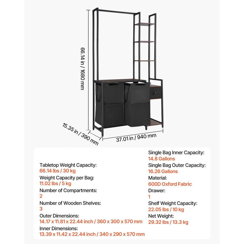 Freestanding Laundry Hamper with Rack, 3 Tier Shelves and 2 Section Sorter with Drawers-Black image number 2