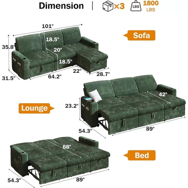 101" Corduroy Sectional Sleeper Sofa Bed with Pull-Out Bed, Reclining Backrest, Reversible Storage