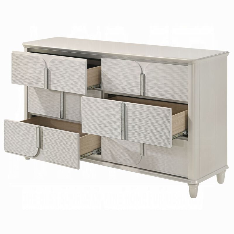 Veda Wide Dresser, Luxurious Pearl White Wood Finish, 6 Modern Drawers - Benzara