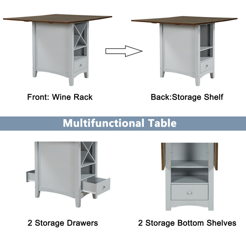 Farmhouse Wood Counter Height 5-Piece Dining Table Set with Drop Leaf, Kitchen Set with Wine Rack and Drawers for Small Places, Cherry+Gray