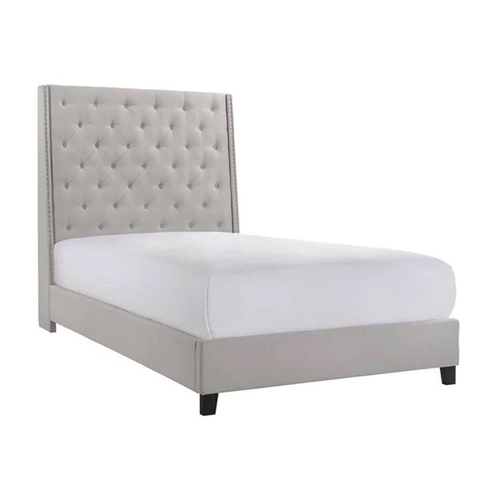 Benjara Maze Queen Size Bed, Button Tufted, Nailhead, Beige Faux Leather Upholstery