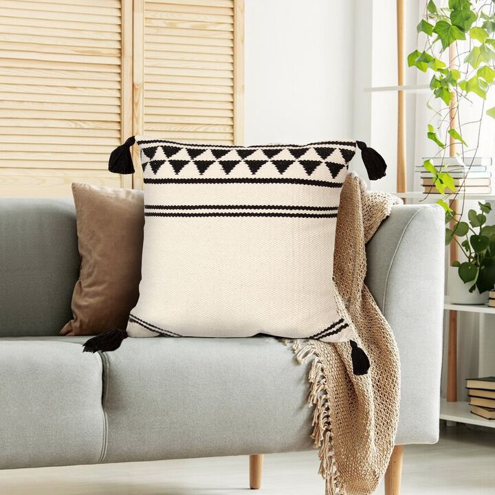 18 x 18 Square Cotton Accent Throw Pillow with Simple Striped Pattern and Tassels, Set of 2, White and Black-Benzara