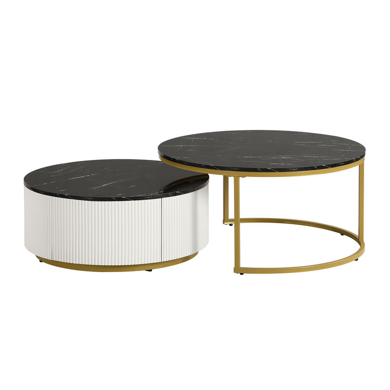 Merax Modern Round Nesting Coffee Table Fluted with Drawer